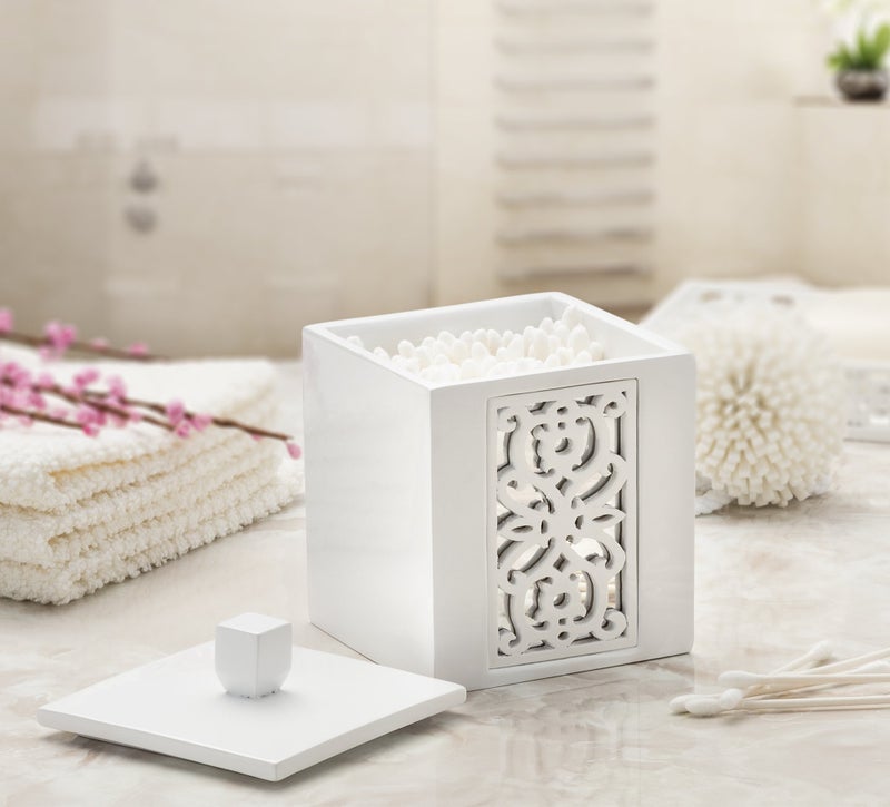 Creative Scents Mirror Janette White Qtip Holder With Lid - Decorative Cotton Ball Jar - Durable Cotton Swab Container - Beautiful Bathroom Vanity Accessories - Elegant Bath Storage - Image 2